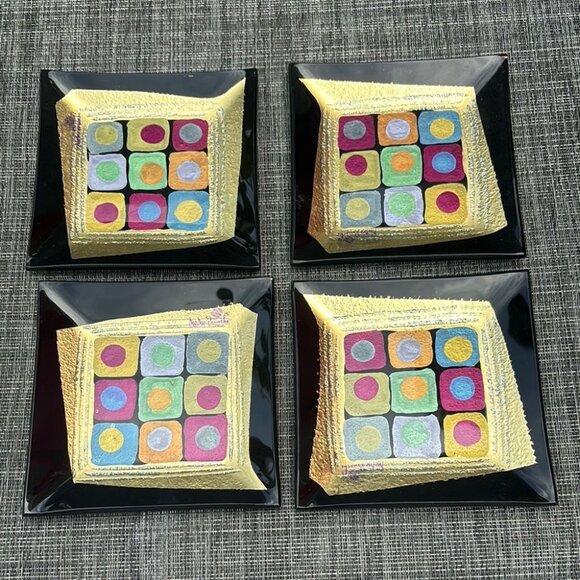 MoMo Panache Abstract Colorful Geometric Square Glass Plates - Set of 4
